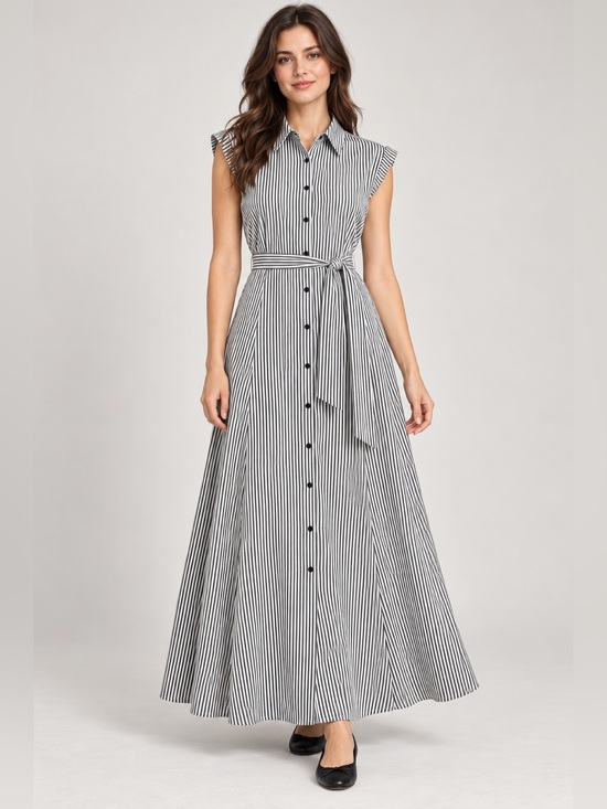 Calvin Klein Dresses & Skirts - Calvin Klein NWT Women’s Size 10 Black White Stripe Belted Maxi Collared Dress